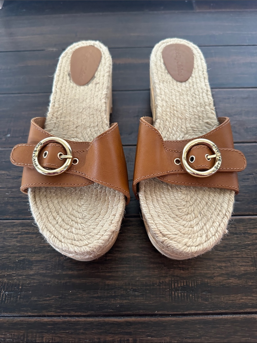 See By Chloe Leather Studded Accent Espadrille Sandals, Brown with Gold, 39